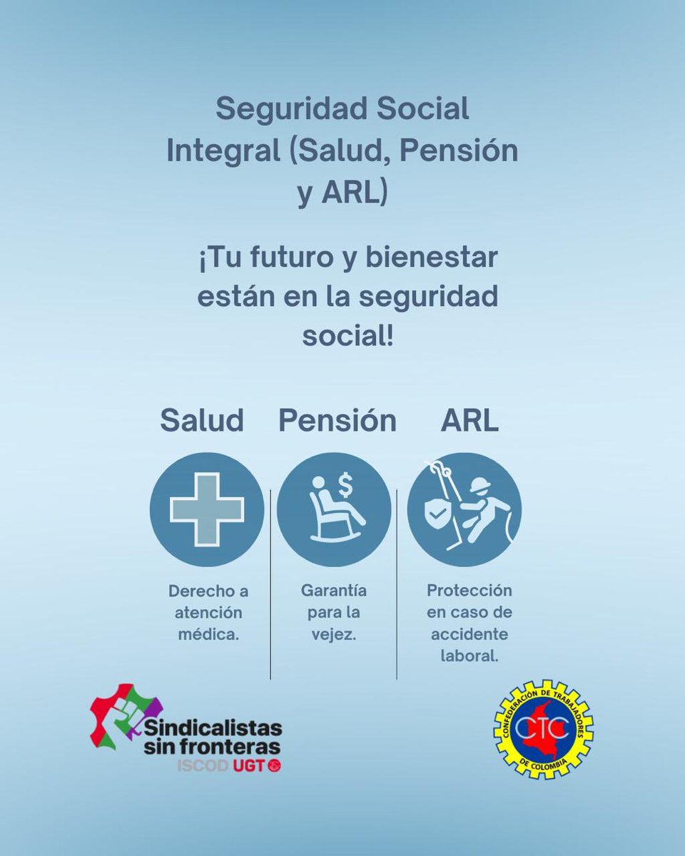 Confederación de Trabajadores de Colombia CTC (@ctccolombia) on Twitter photo Desde la CTC e <a href="/ISCOD_UGT/">Sindicalistas sin Fronteras ISCOD UGT</a> recordamos la importancia de proteger tu presente y asegurar tu futuro: La ARL, la pensión y la salud son pilares fundamentales para una vida tranquila y segura.
#ctc #iscod #seguridadsocial #arl #salud #pensión #trabajodigno Desde la CTC e <a href="/ISCOD_UGT/">Sindicalistas sin Fronteras ISCOD UGT</a> recordamos la importancia de proteger tu presente y asegurar tu futuro: La ARL, la pensión y la salud son pilares fundamentales para una vida tranquila y segura.
#ctc #iscod #seguridadsocial #arl #salud #pensión #trabajodigno