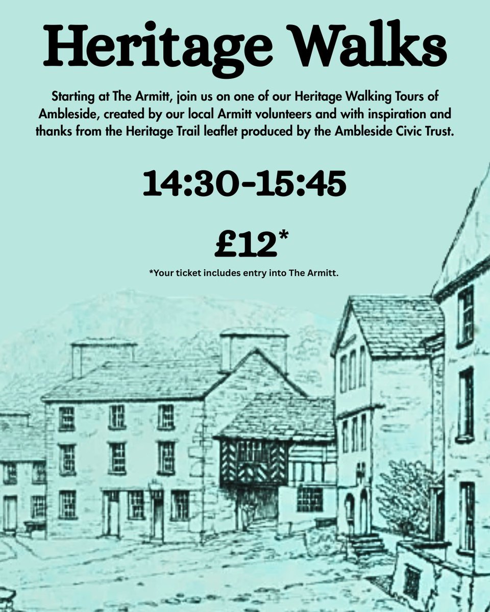 Join us on one of our #Heritage Walks of Ambleside taking place throughout the #summer. Our first one is today at 2:30-3:45pm, starting at The Armitt.

Book tickets here: tinyurl.com/y3fyz26m. Limited availability on the day.

Your ticket includes entry into The Armitt.