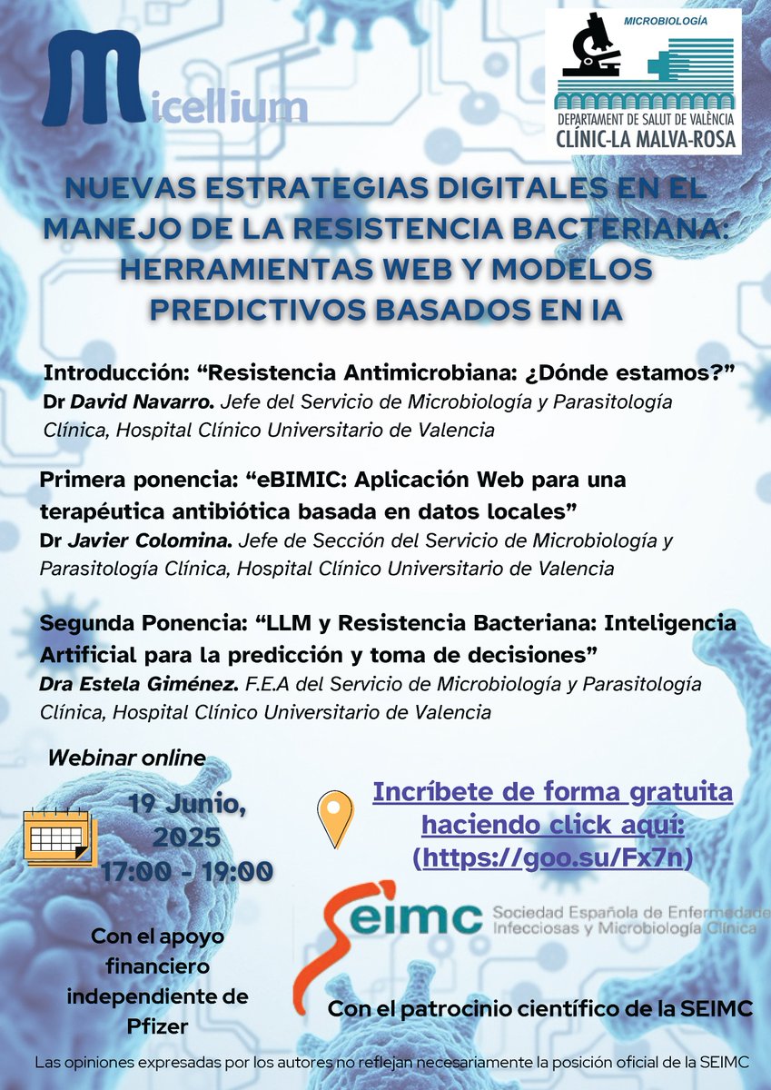 Nuevas estrategias digitales en el manejo de la resistencia bacteriana: Herramientas web y modelos predicitivos
📅19 de junio
📍 Online

📚📝Ampliar detalles (Programa/Inscripción) en el siguiente enlace👇
seimc.org/formacion-cont…