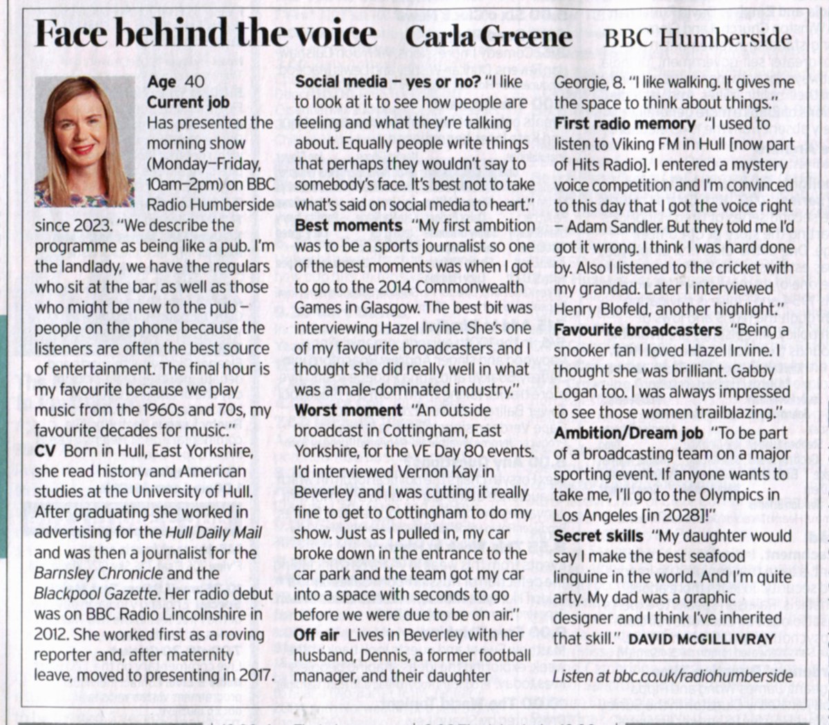 My Face Behind the Voice in next week's <a href="/RadioTimes/">Radio Times</a> out now is <a href="/CarlaGreene84/">Carla_Greene</a> of <a href="/RadioHumberside/">BBC Humberside</a>. I told her we can never be sure who's reading this so I'll state here that she wants to report on the 2028 Olympics. 🫰