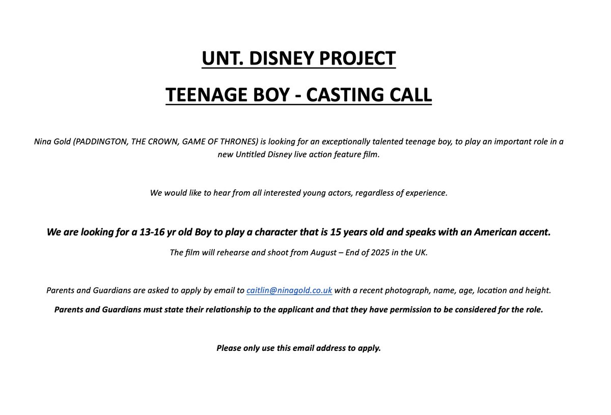 📢UNT. DISNEY PROJECT CASTING CALL🎥 
We are looking for a teenage boy to play a character who is 15 years old.  
Please see image below for more details and how to apply. Closing date for submissions 23rd June.
Please RT.
