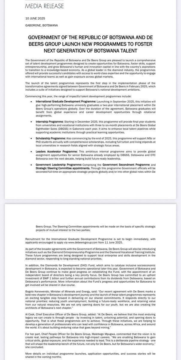 From <a href="/debeersgroup/">De Beers Group</a> , <a href="/BWGovernment/">Botswana Government</a>