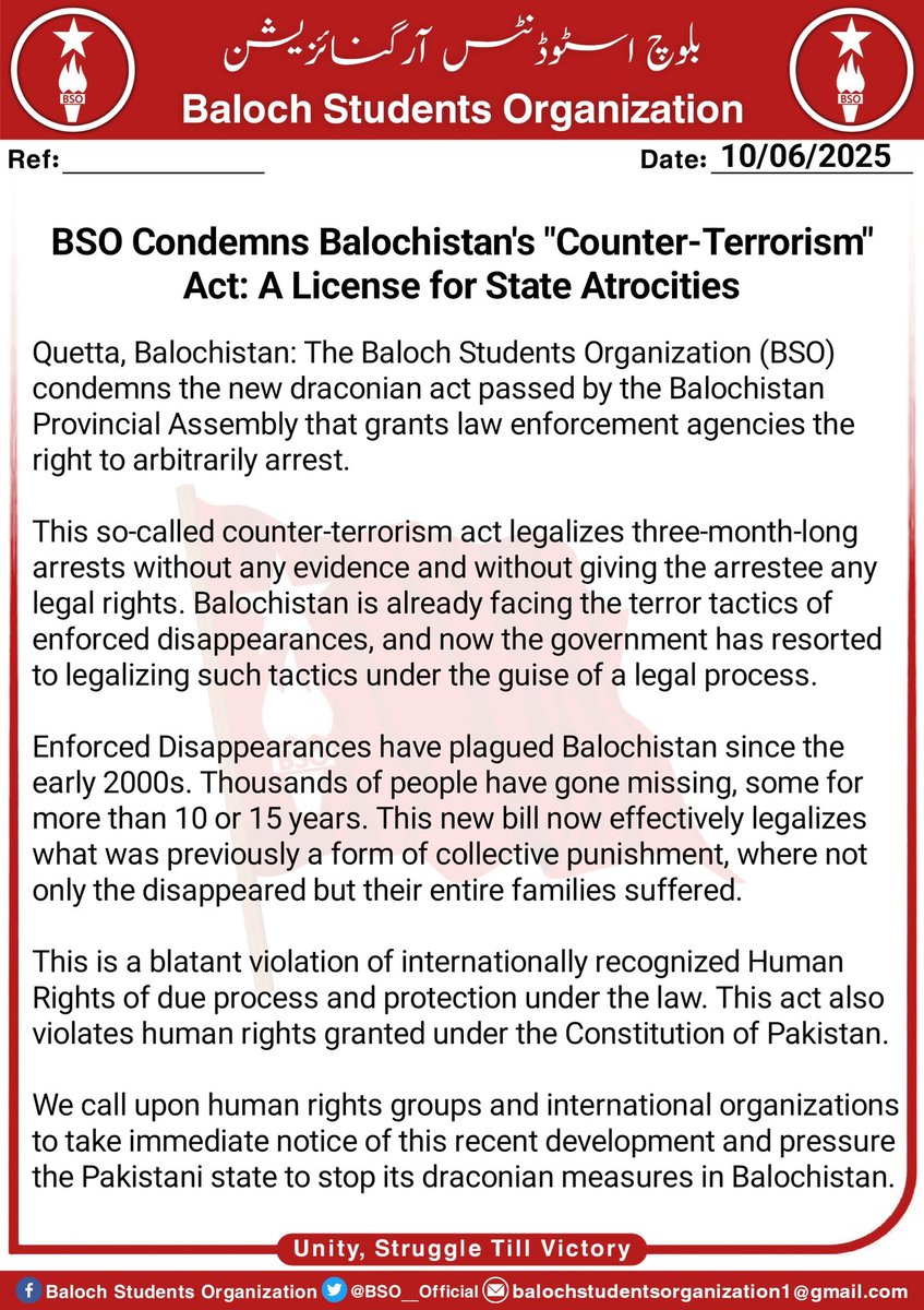 BSO Condemns Balochistan's "Counter-Terrorism" Act: A License for State Atrocities