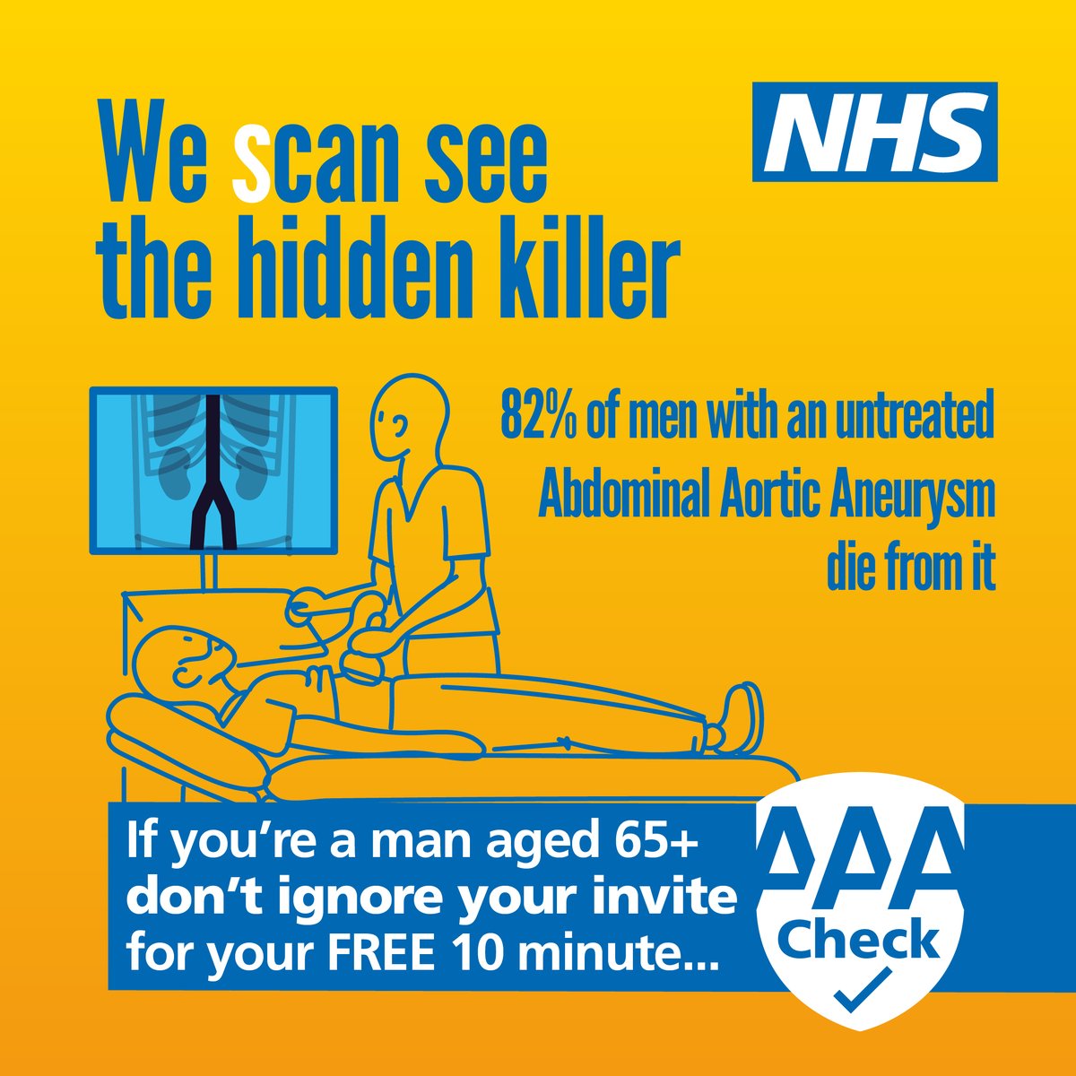 Are you a man, aged 65+?

Have you been invited for your AAA check? 

The NHS wants to see you, for a quick, pain free scan that could save your life. 
Don't ignore your invite! 

#MensHealthWeek