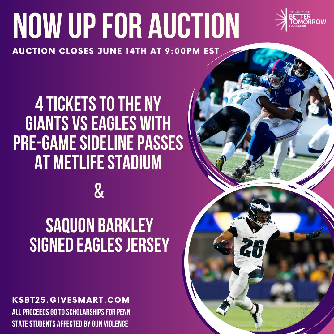 Karli Short Better Tomorrow Foundation (@ksbtfoundation) on Twitter photo ๐ KSBT25.givesmart.com ๐
Calling all <a href="/eagles/">Philadelphia Eagles</a> fans! Hereโs your shot at a signed Saquon Barkley jersey or tickets with sidelines passes to an action-packed <a href="/Giants/">New York Giants</a> VS Eagles game! ๐๐ฆ
Bid NOW: KSBT25.givesmart.com
<a href="/brandonshort43/">Brandon Short</a> ๐ KSBT25.givesmart.com ๐
Calling all <a href="/eagles/">Philadelphia Eagles</a> fans! Hereโs your shot at a signed Saquon Barkley jersey or tickets with sidelines passes to an action-packed <a href="/Giants/">New York Giants</a> VS Eagles game! ๐๐ฆ
Bid NOW: KSBT25.givesmart.com
<a href="/brandonshort43/">Brandon Short</a>