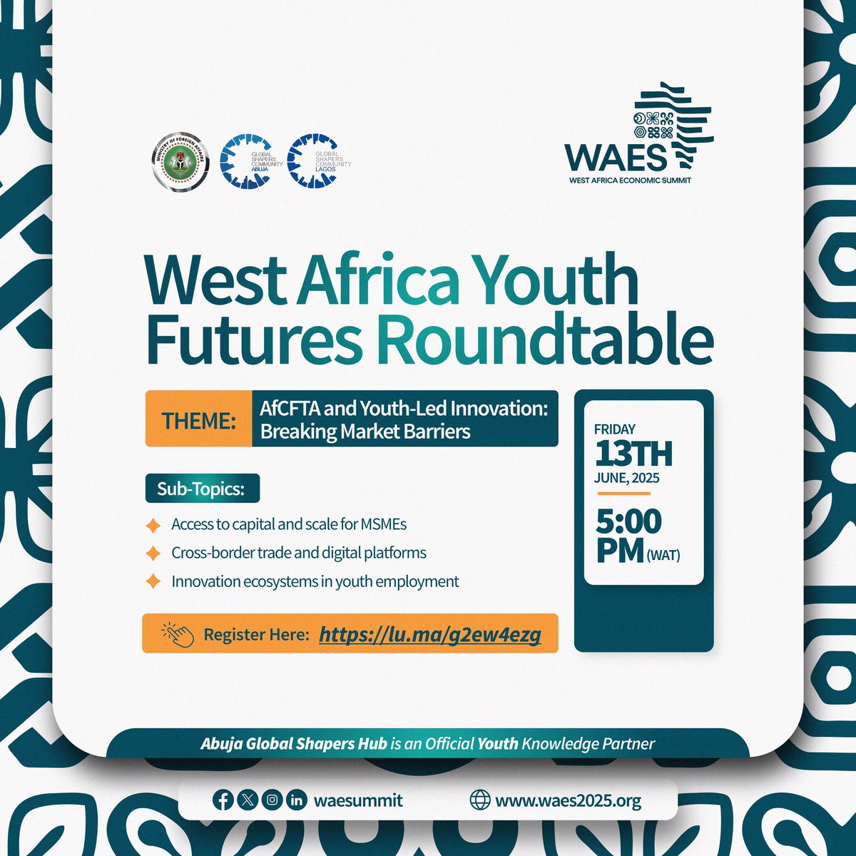 AbujaGSC's tweet image. 📢 Don't miss the West Africa Youth Futures Roundtable in collaboration with @LagosShapers and @NigeriaMFA. Abuja GSC is proud to be an official youth knowledge partner for @waesummit 2025! 🔗 Register below ⬇️