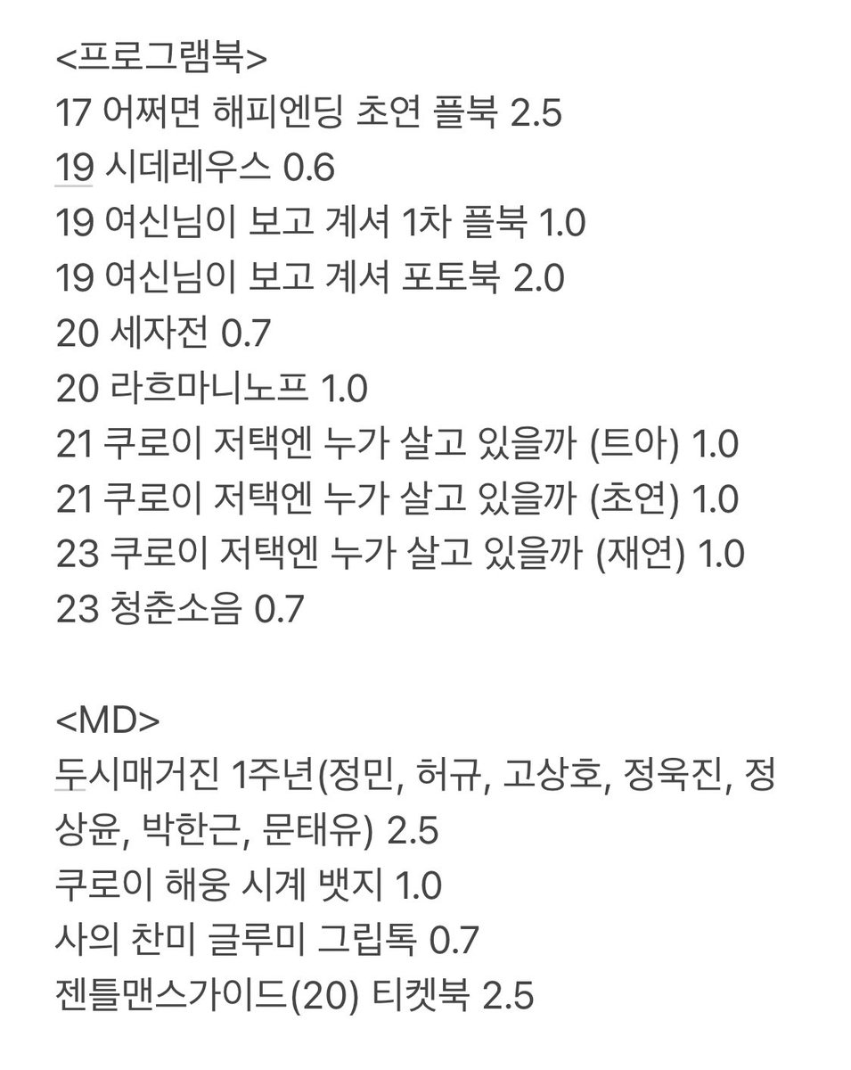 연뮤 MD 프로그램북 양도 

👌대학로 직거래, 사물함 거래, 반택👌

서치용 어쩌면 해피엔딩 시데레우스 여신님이 보고 계셔 세자전 라흐마니노프 쿠로이 저택에 누가 살고 있을까 청춘소음 두시매거진 사의찬미 젠틀맨스가이드

원가보다 높은게 있으면 알려주세요!

@MDbot_YMD