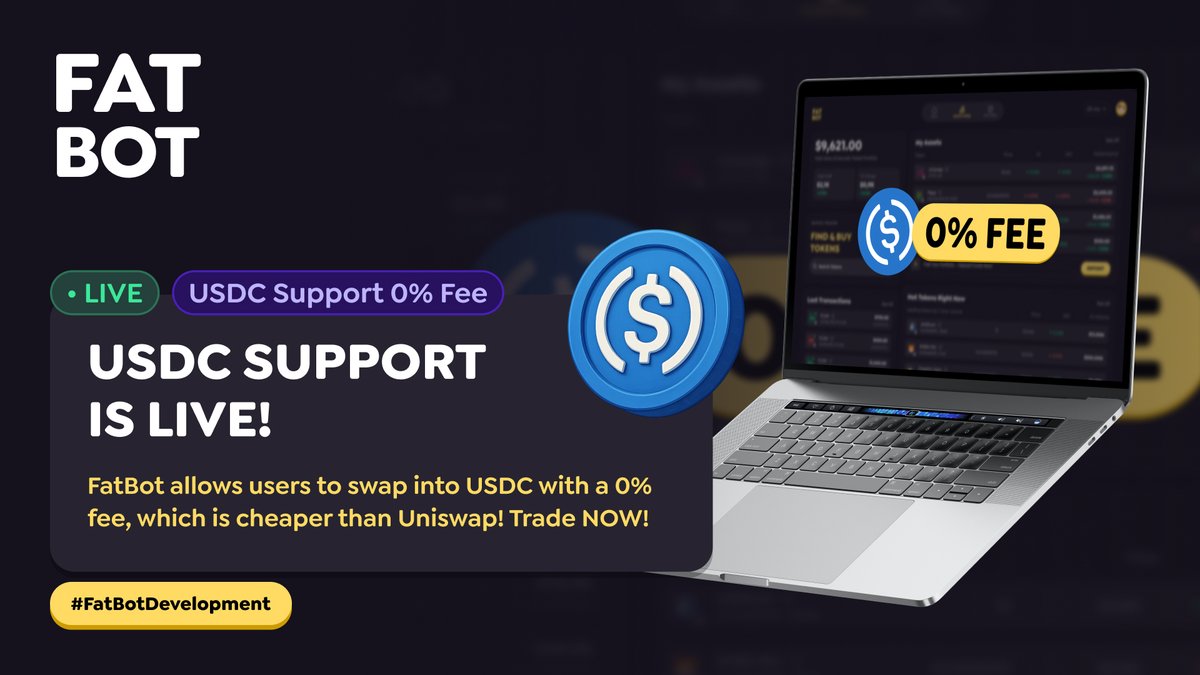FATTY | Presale Live (@fatty_io) on Twitter photo FatBot: USDC Support is live!
#FatBotDevelopment
FatBot allows users to swap into USDC with a 0% fee, which is cheaper than Uniswap! Use your chance to swap your ETH/SOL/BNB into USDC, without a need to leave the #FatBot platform! Trade now!
#FATTY $FATTY #BNB <a href="/fatty_io/">FATTY | Presale Live</a> FatBot: USDC Support is live!
#FatBotDevelopment
FatBot allows users to swap into USDC with a 0% fee, which is cheaper than Uniswap! Use your chance to swap your ETH/SOL/BNB into USDC, without a need to leave the #FatBot platform! Trade now!
#FATTY $FATTY #BNB <a href="/fatty_io/">FATTY | Presale Live</a>