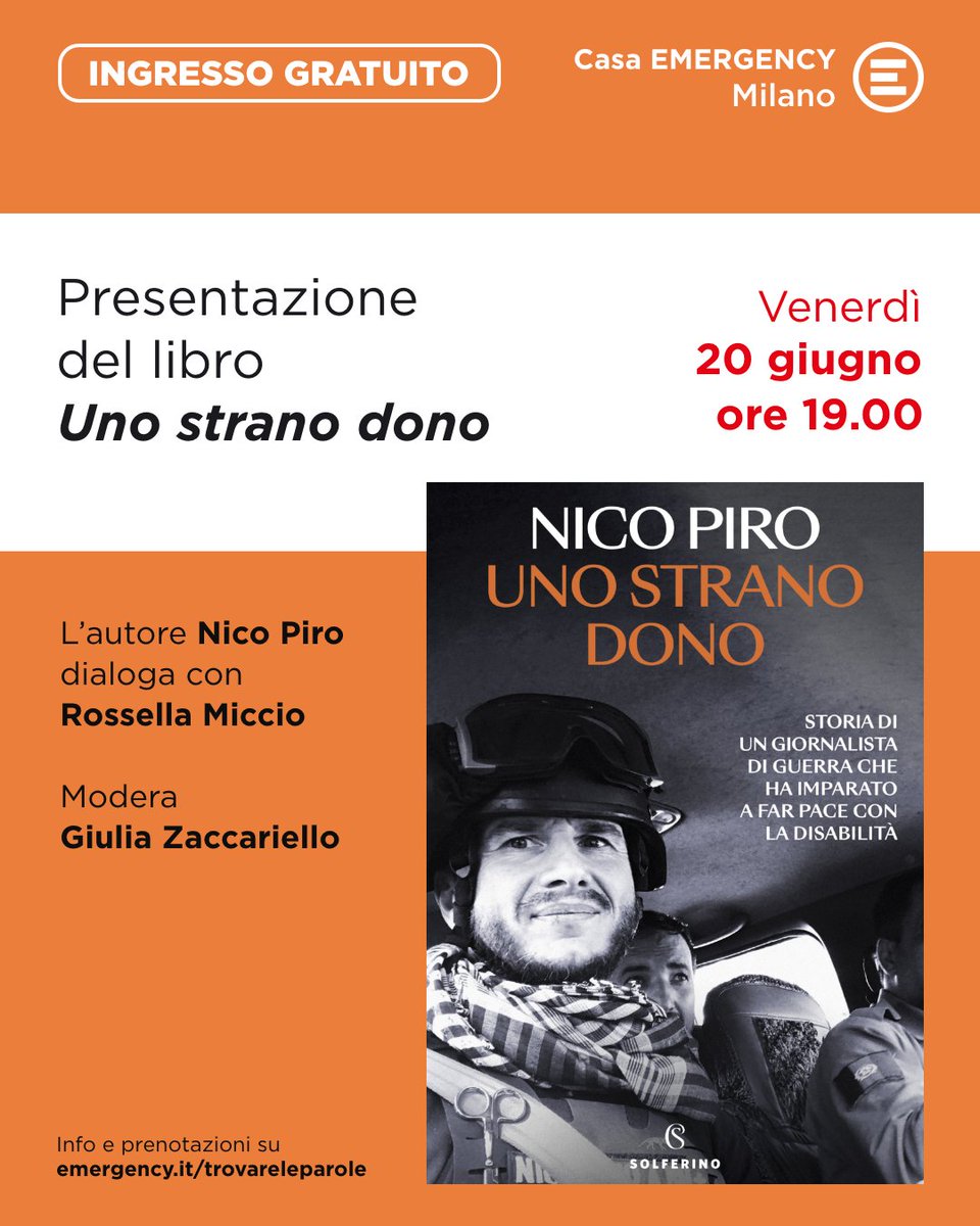 Il #20giugno alle 19 ti aspettiamo a #casaemergency #Milano per presentare il libro di <a href="/_Nico_Piro_/">Nico Piro</a> "Uno strano dono", insieme all'autore anche <a href="/rossmiccio/">Rossella Miccio</a> e <a href="/GiuZacc/">Giulia Zaccariello</a> <a href="/fattoquotidiano/">Il Fatto Quotidiano</a>. PRENOTA IL TUO POSTO (ingresso gratuito) bit.ly/4kGmgfE