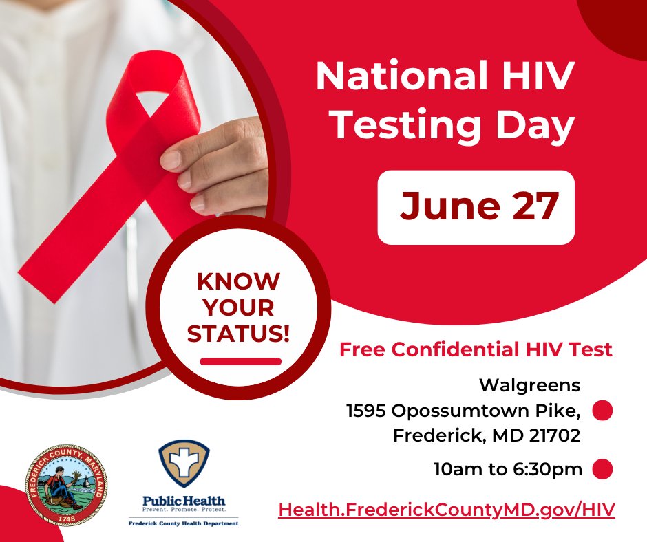 Health Department to Provide Free Testing on National HIV Testing Day on June 27. Full press release can be found here: health.frederickcountymd.gov/DocumentCenter…