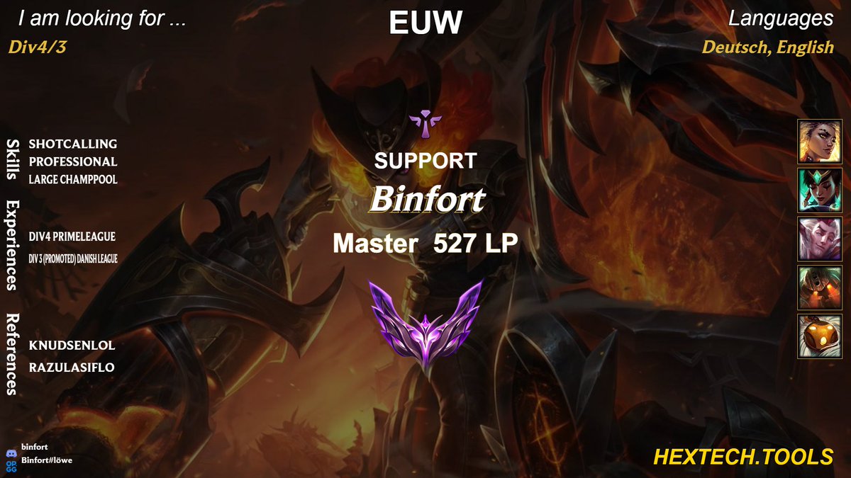 🇩🇪SUPPORT LF PRIMELEAGUE DIV4/3+ / OR ANY ERL DIV 3+

- Good comms 
- Large Championpool
- Hungry to improve 
- Can bring GM Adc with me if wanted
- DM here or on Discord: binfort 
RT appreciated  🙏