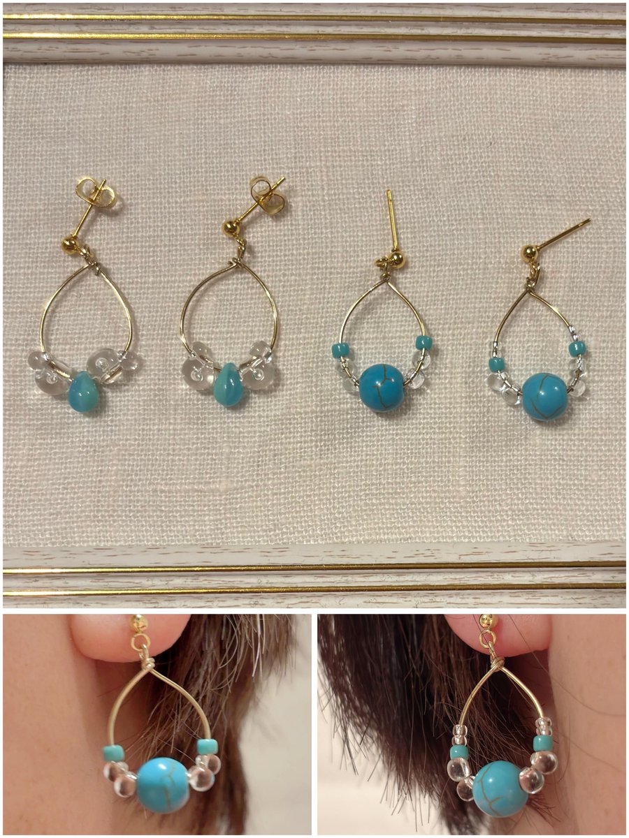 天然石のターコイズの在庫があることを思い出して…
（左はターコイズ色のビーズです）
右二つのクリアビーズの配置で悩んでます😂
（ちょっとの違いだけど）

配置は無限大♾️

#Lemioハンドメイド
#ハンドメイドアクセサリー