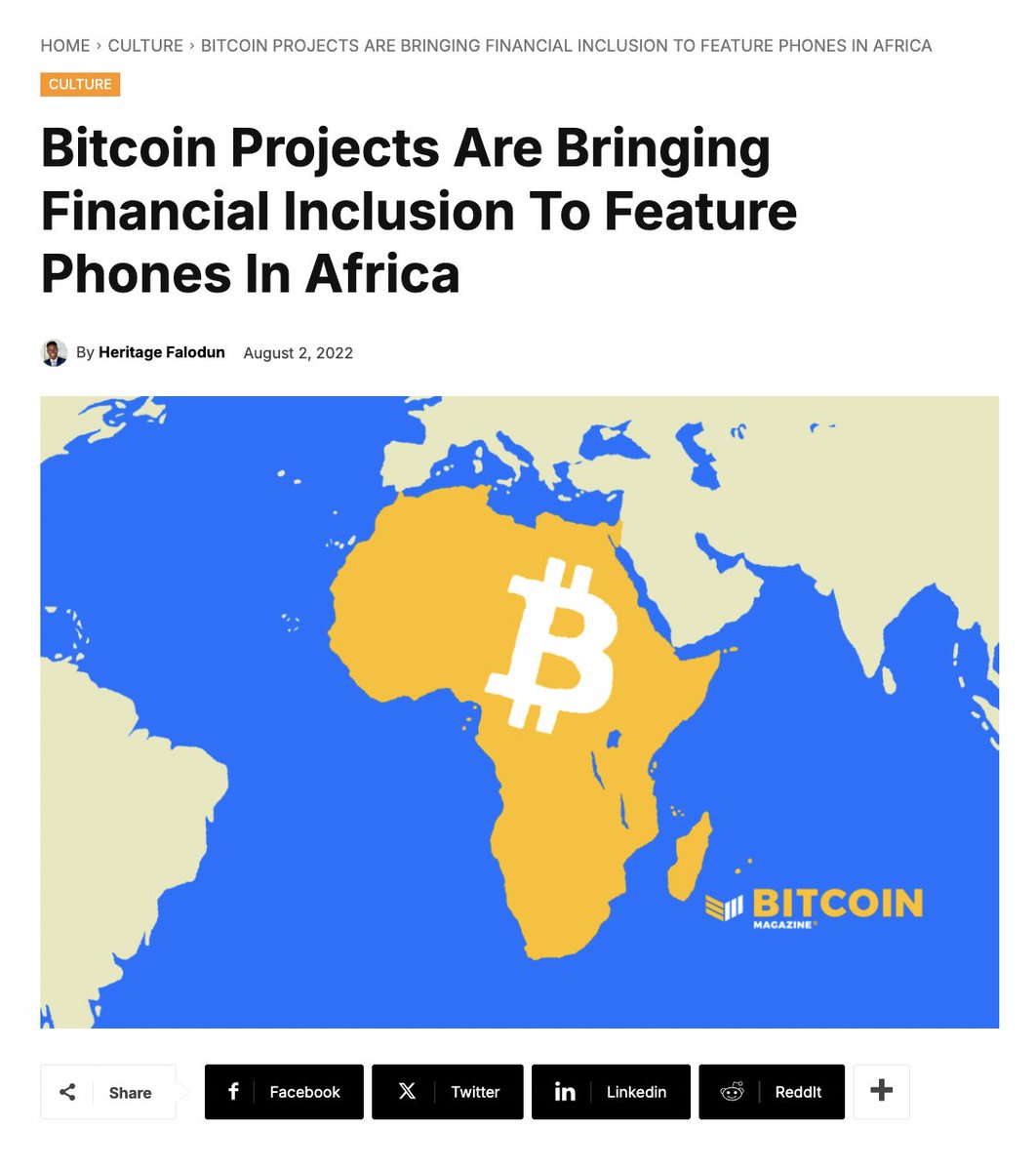 <a href="/BitcoinNewsCom/">Bitcoin News</a> The part about needing a smartphone and Internet connection to use Bitcoin is misinformation

Using Machankura, you can use Bitcoin in Africa with an old Nokia, Itel, or Transsion feature-phone, starting at $6

But otherwise, good reporting

sources: bitcoinmagazine.com/culture/puttin…,