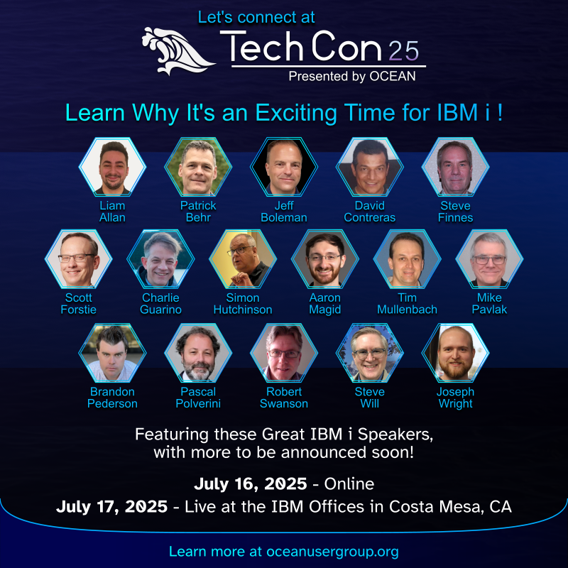 OCEANUserGroup's tweet photo. It's an Exciting Time for #IBMi! We can't wait for #OCEANTechCon25 to learn about leading-edge technologies & skills to use right now. @Steve_Will_IBMi is giving the keynote! Details: https://t.co/OEaJnkaErO
#AI #VSCode #Db2 #PowerVS @notesofbarry
@P_Behr @Forstie_IBMi @RPGPGM https://t.co/VDuFOQih0a