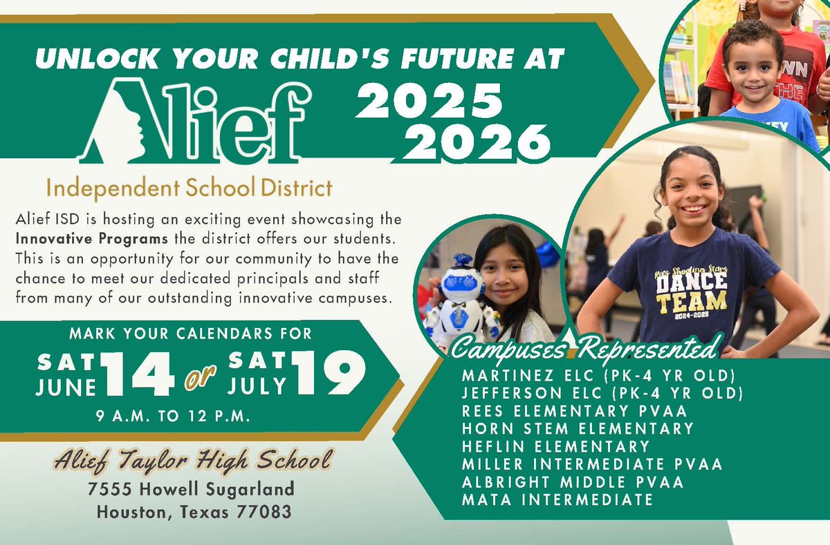 Alief ISD is hosting an exciting event for families new to the district. At this event, you will have the chance to meet with principals to learn more about our Early Learning Centers, innovative STEM and Fine Arts programs, and register your child on site! The campuses that will
