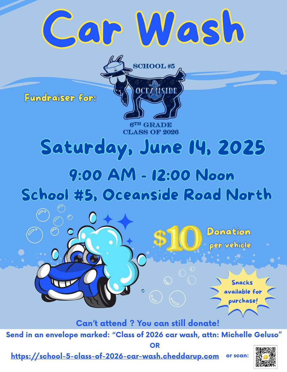 🚨 ‼️ Hey, Oceanside!!! Our 5th graders are rolling up their sleeves this weekend for a School 5 Carwash! 🚘 🧽 💦 Bring your ride &amp; let these kids make it shine! ✨Proceeds go to Class of 2026! Great way to support our kiddos &amp; get your car looking its best! <a href="/OSchoolsPR/">Oceanside School District #OSD_NY</a>