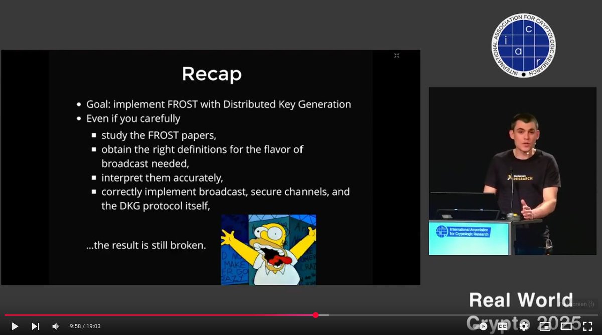 ncklr (@n1ckler) on Twitter photo Using FROST for t-of-n wallets is powerful, but the Distributed Key Generation (DKG) part has been notoriously difficult to implement securely.
My talk at Real World Crypto 2025 presents <a href="/blksresearch/">Blockstream Research</a>'s draft ChillDKG BIP as a ready-to-implement solution. Using FROST for t-of-n wallets is powerful, but the Distributed Key Generation (DKG) part has been notoriously difficult to implement securely.
My talk at Real World Crypto 2025 presents <a href="/blksresearch/">Blockstream Research</a>'s draft ChillDKG BIP as a ready-to-implement solution.