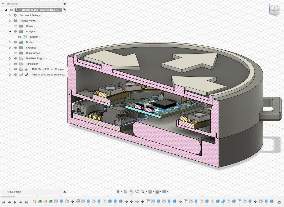 NetEng_Ian's tweet image. Couple folks asked about what's inside my #CiscoLive router badge. Adafruit Trinket M0, Neopixel ring, LiPro battery USB charging board.
Designed in Autodesk Fusion. Printed in PLA and PETG.
Code written in CircuitPython.
So, kinda #DevNet?