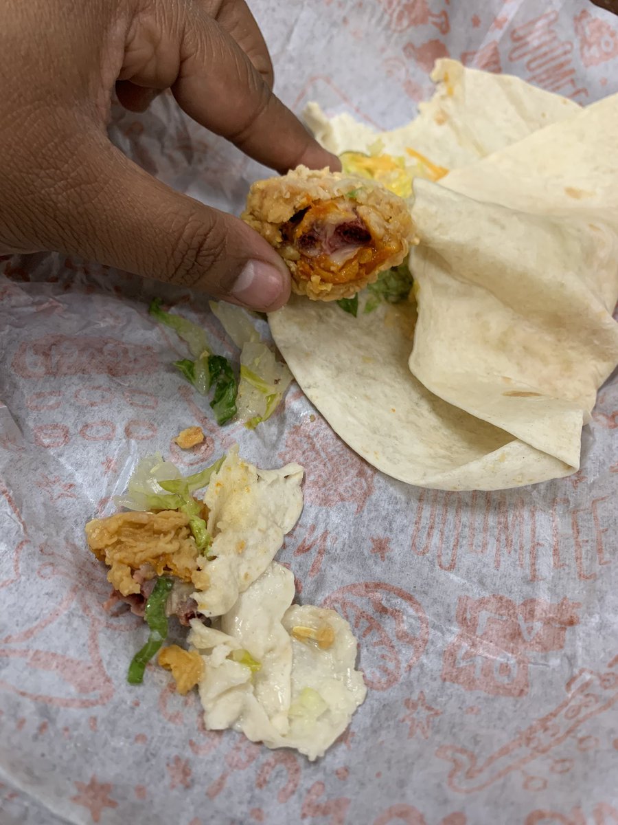 honeybeafree's tweet photo. @Popeyes so…i wanted to try your new chicken tender wraps…well…i took the first bite, and thought it may have been extra fried, until i looked down and realized i bit into a whole chicken wing/bone instead of a tender…my teeth hurt for 30min after, and i could have choked 🙂 https://t.co/BmEVuWJg74