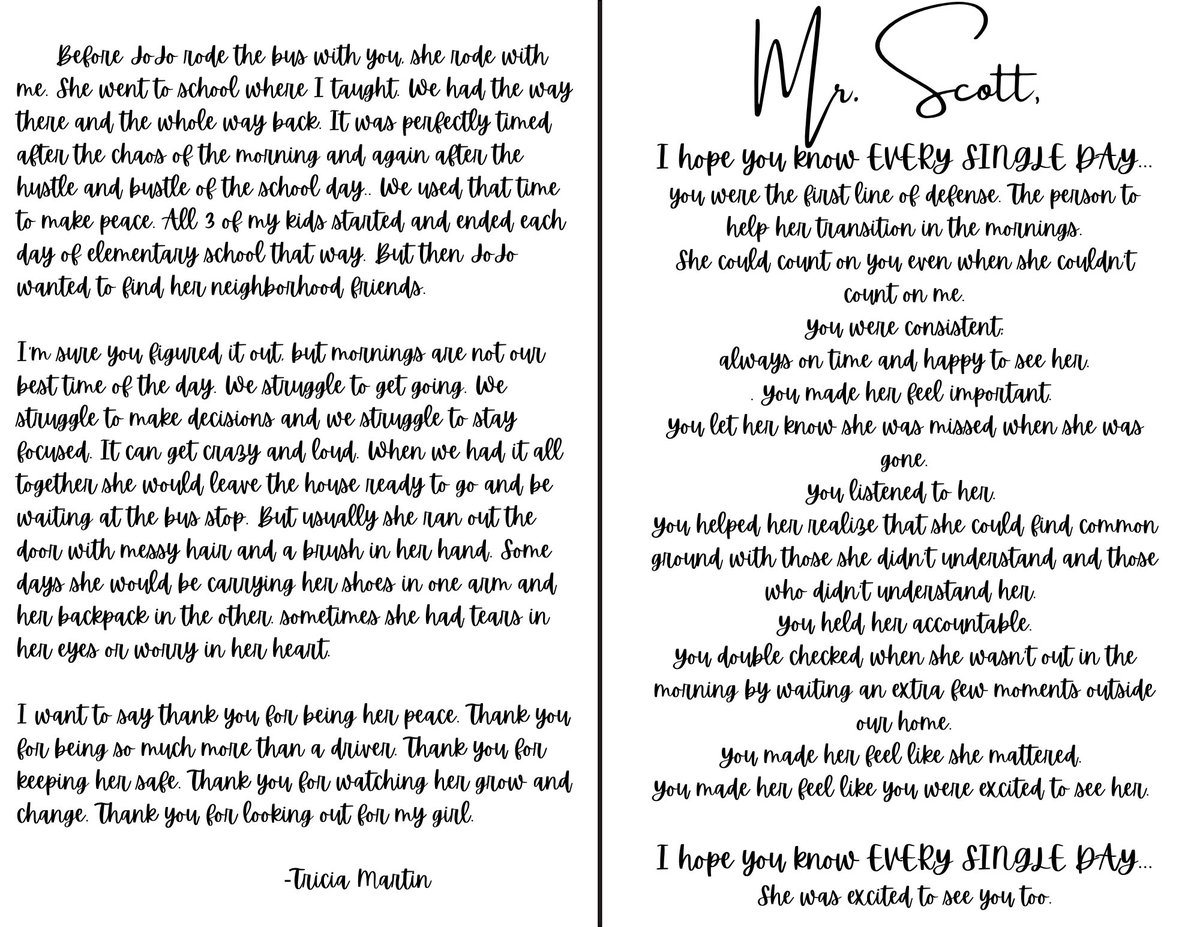 Park Hill Schools (@parkhillschools) on Twitter photo "Thank you for being so much more than a driver. Thank you for keeping her safe. Thank you for watching her grow and change. Thank you for looking out for my girl." - Tricia Martin
For the past two years, <a href="/FirstStudentInc/">First Student</a> bus driver Scott Kennedy has taken JoJo to and from "Thank you for being so much more than a driver. Thank you for keeping her safe. Thank you for watching her grow and change. Thank you for looking out for my girl." - Tricia Martin
For the past two years, <a href="/FirstStudentInc/">First Student</a> bus driver Scott Kennedy has taken JoJo to and from