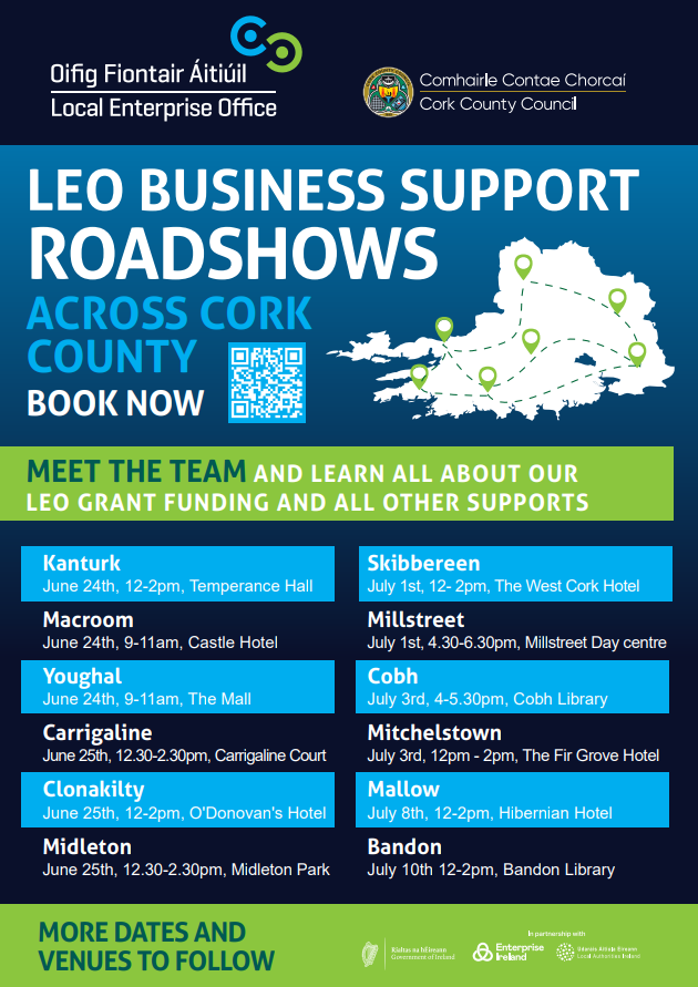 LEO are running a series of business support roadshows across the county over the next few months and they will visit #CobhLibrary on Thursday, 3rd July at 4pm.

Booking is essential as places are limited. To book please register here: loom.ly/LZyEm8s