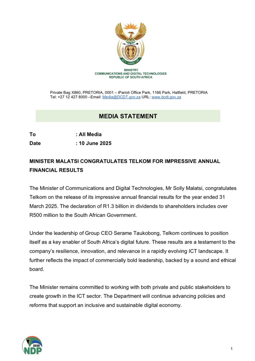 Congratulations to <a href="/TelkomZA/">@TelkomZA</a> on their impressive annual financial results, with over R500 million in dividends being paid to the South African government.