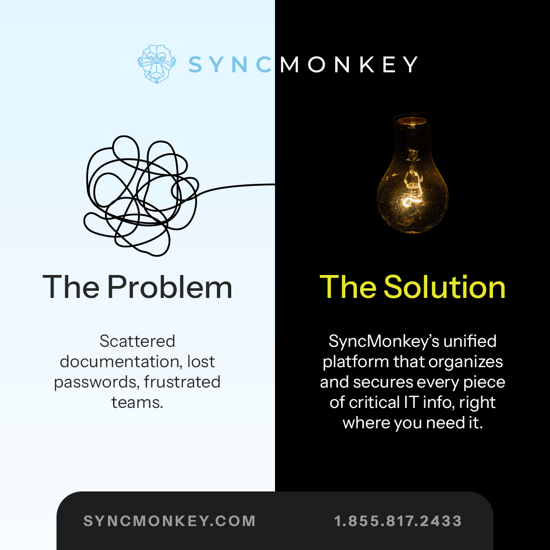 syncmonkey's tweet photo. Tired of frustrated teams losing time to messy documentation and forgotten passwords? 

SyncMonkey is your solution! 

Our unified platform organizes and secures all your critical IT info, making it easy to find what you need, when you need it. https://t.co/q2gNsExATx
