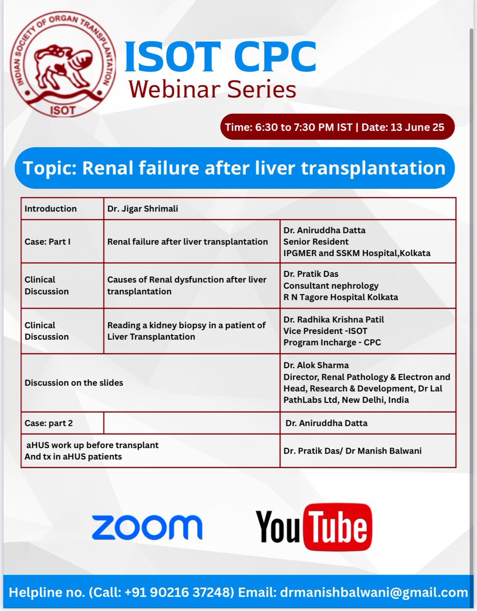 💥ISOT CPC Webinar Series

✨ Renal failure after liver transplantation

📅 13 Jun 25
🕰️ 6:30 PM IST

#ISOT_CPC