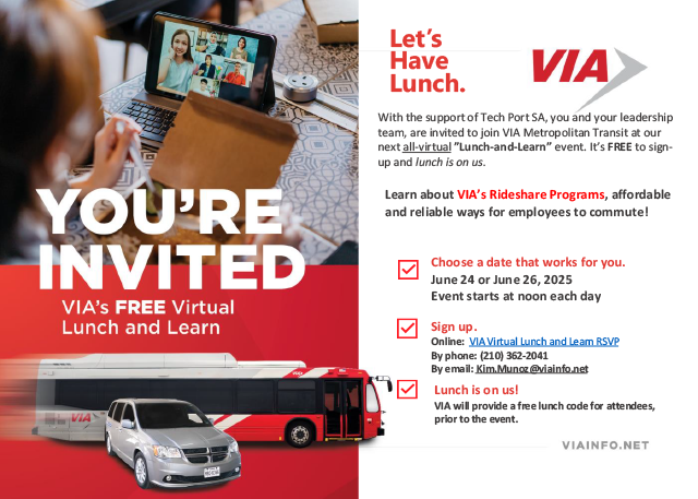 Port San Antonio (@portsanantonio) on Twitter photo JUNE 24/26: The Port is supporting <a href="/VIA_Transit/">VIA Metro Transit</a>
which, in partnership with <a href="/Enterprise/">Enterprise</a> , invite you to a virtual Lunch & Learn event to learn about a vanpool program designed to transform your daily commute. Click the link to register: tinyurl.com/yff6bjxu JUNE 24/26: The Port is supporting <a href="/VIA_Transit/">VIA Metro Transit</a>
which, in partnership with <a href="/Enterprise/">Enterprise</a> , invite you to a virtual Lunch & Learn event to learn about a vanpool program designed to transform your daily commute. Click the link to register: tinyurl.com/yff6bjxu