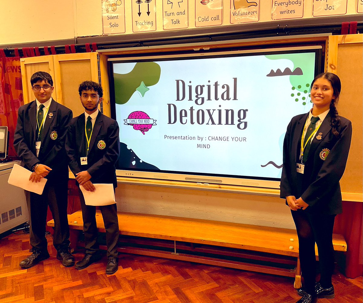 QMGS_CYM's tweet image. CYM Mental Health Team have been incredibly busy since returning back after World of Work Week & their mock exams!The full team presented DIGITAL DETOX Workshop at 2 different primary schools; last week, Arjan,Rachel & Yousaf lead a great session to 90xYr 6’s at @PrimaryHillary