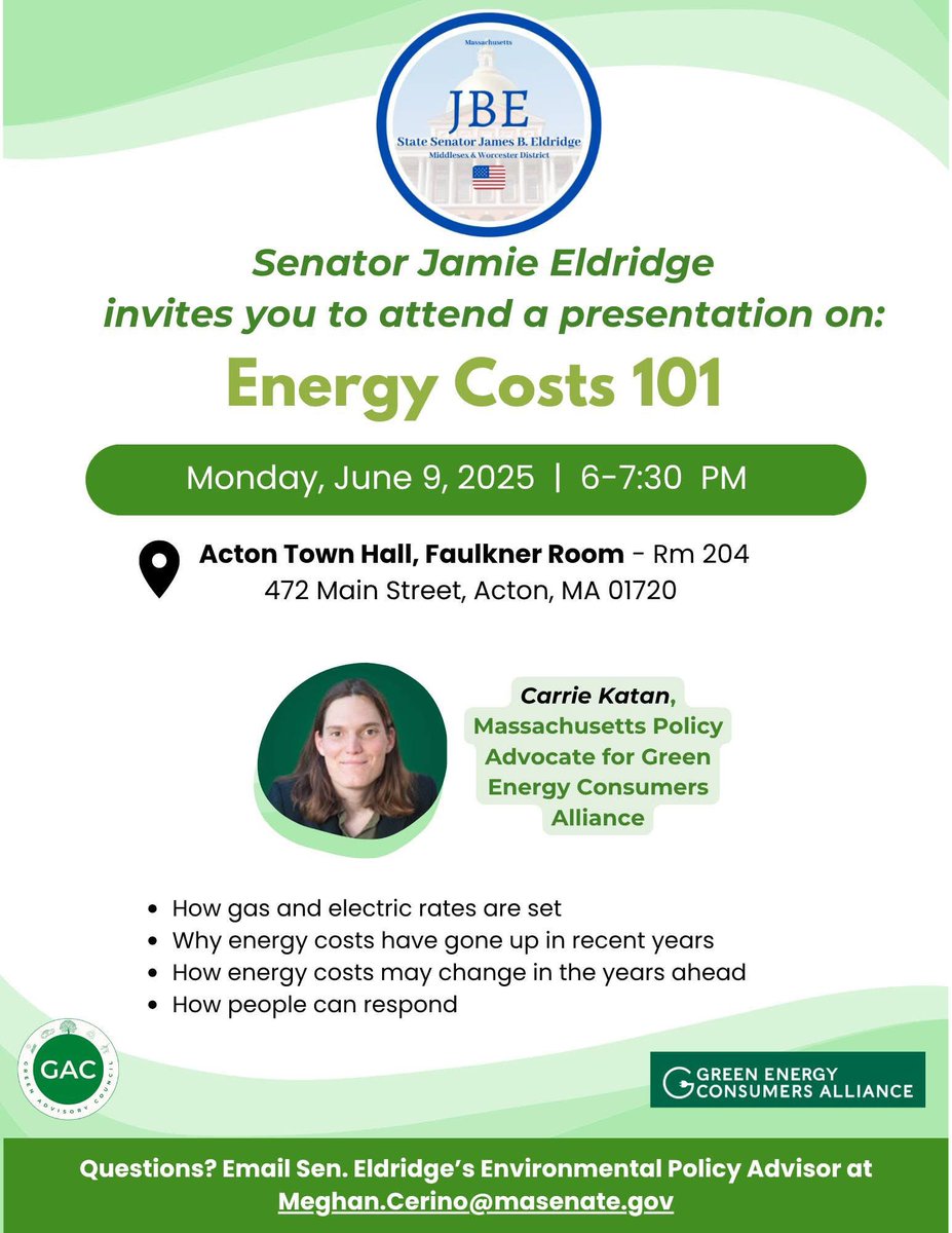 JamieEldridgeMA's tweet image. Last night, many constituents attended Energy Costs 101 briefing in #Acton by #GreenEnergy Consumers Alliance! GECA did a great job of explaining challenges in reducing energy costs, complex regulations around electricity &amp;amp; gas &amp;amp;  different ways consumers can lower their bills.