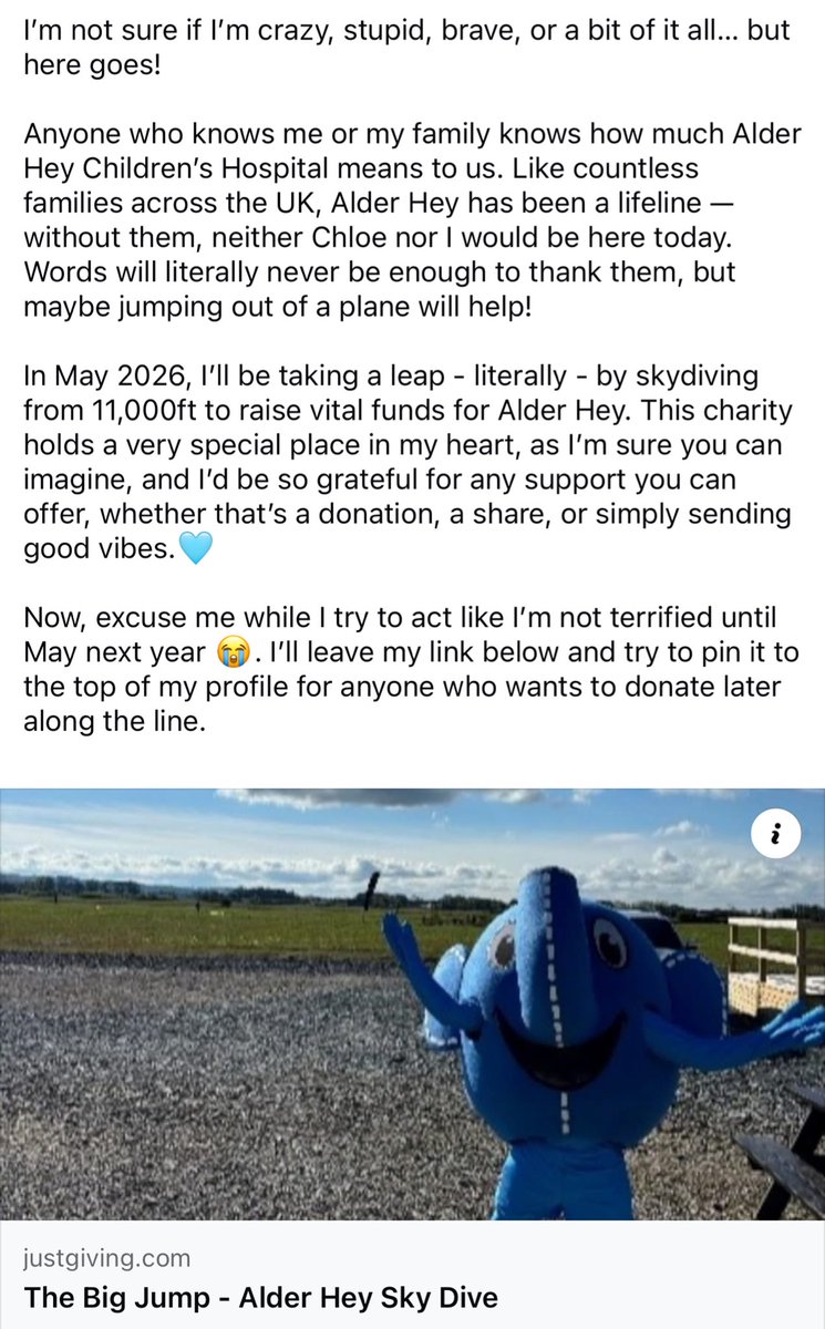 Hay. (@haymckinney) on Twitter photo Decided to throw myself 11,000ft out of a plane next year to raise some money for <a href="/AlderHeyCharity/">Alder Hey Children’s Charity</a>.
Any donations, shares or at this point just some prayers, will be massively appreciated.
Now to pretend I’m not terrified til May next year! 🪂
justgiving.com/fundraising/ha… Decided to throw myself 11,000ft out of a plane next year to raise some money for <a href="/AlderHeyCharity/">Alder Hey Children’s Charity</a>.
Any donations, shares or at this point just some prayers, will be massively appreciated.
Now to pretend I’m not terrified til May next year! 🪂
justgiving.com/fundraising/ha…