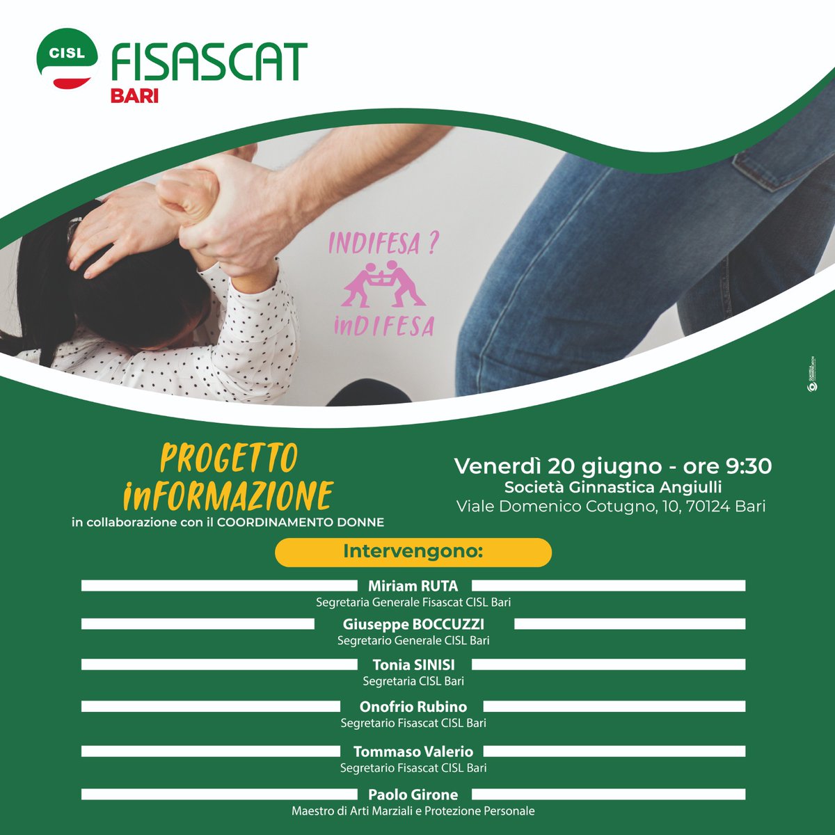 "INDIFESA? inDifesa" è l’iniziativa della @FisascatCISLBARI,  con il Coordinamento Donne, per offrire strumenti concreti di autodifesa a circa 30 donne, attraverso un corso specifico che si terrà all'Angiulli Bari🤼‍♀️
Appuntamento venerdì 20 giugno ore 9:30. @miriamruta
<a href="/cisl_bari/">cislbari</a>