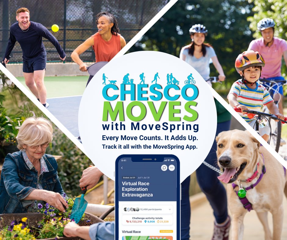 Struggling to find time to get active? Make moving more part of your usual routine! Cleaning the house, walking the dog &amp; running errands all count as movement! To track your movement, join MoveSpring today: bit.ly/JoinMoveSpring  

#ChescoMoves