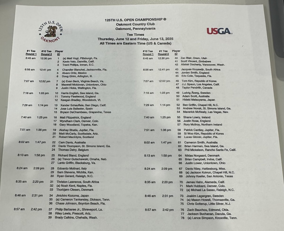 Here are tee times for first two days of #USOpen at Oakmont.  Matt Vogt, the former Oakmont caddy will be in the first group off #1 6:45 am Thursday