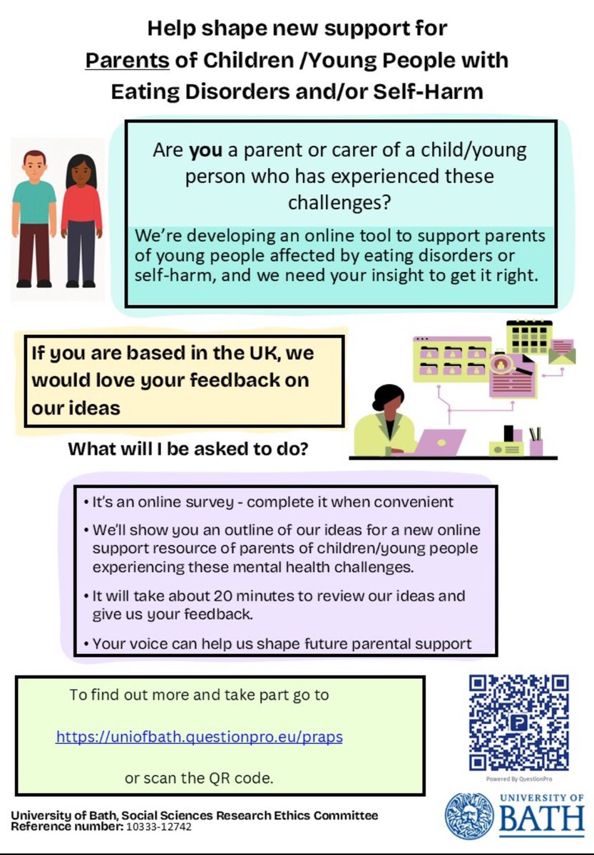 pawsresearch's tweet image. Are you a parent or carer of a child or young person who has eating disorder and/or who has self-harmed?

We’re developing online support and need your insight to get it right. 

Please give us your views. To find out more uniofbath.questionpro.eu/praps