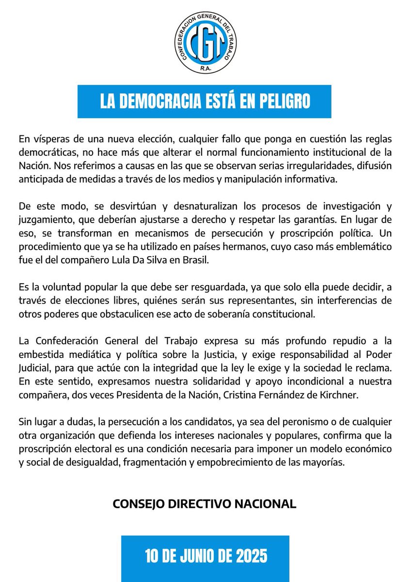 cgtoficialok's tweet image. 🔴 LA DEMOCRACIA ESTÁ EN PELIGRO
👉🏼 La persecución a los candidatos confirma que la proscripción electoral es una condición necesaria para imponer un modelo económico y social de desigualdad, fragmentación y empobrecimiento de las mayorías