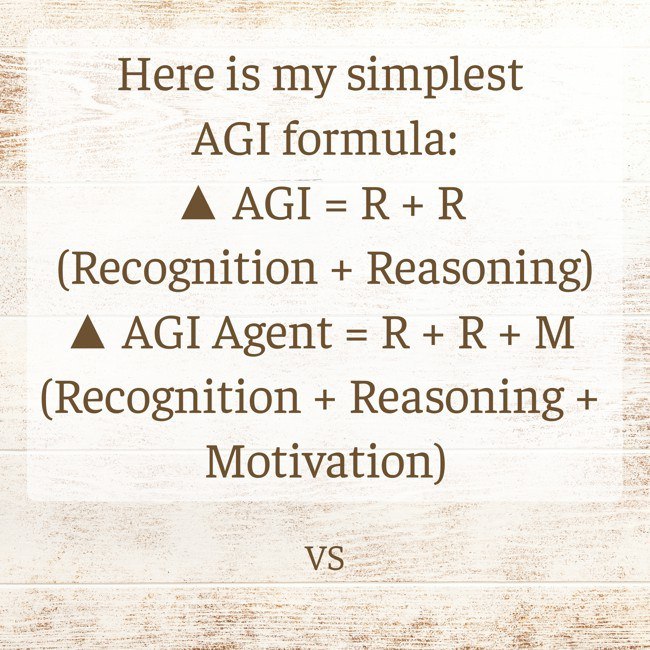 Here is my simplest AGI formula: 
▲ AGI = R + R (Recognition + Reasoning) 
▲ AGI Agent = R + R + M (Recognition + Reasoning + Motivation)  

Definitions: 
▲ Agency is a predetermined subjectness ©VS 
▲ A subject is an object with motivation ©VS lnkd.in/dtt3w74b