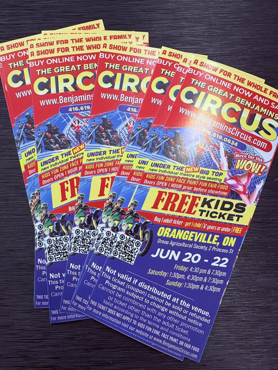 We have some FREE kids tickets to The Great Benjamins Circus at the fairgrounds. June 20-22. 

Available at our shop, while quantities last!

📍 85 Broadway, Orangeville.