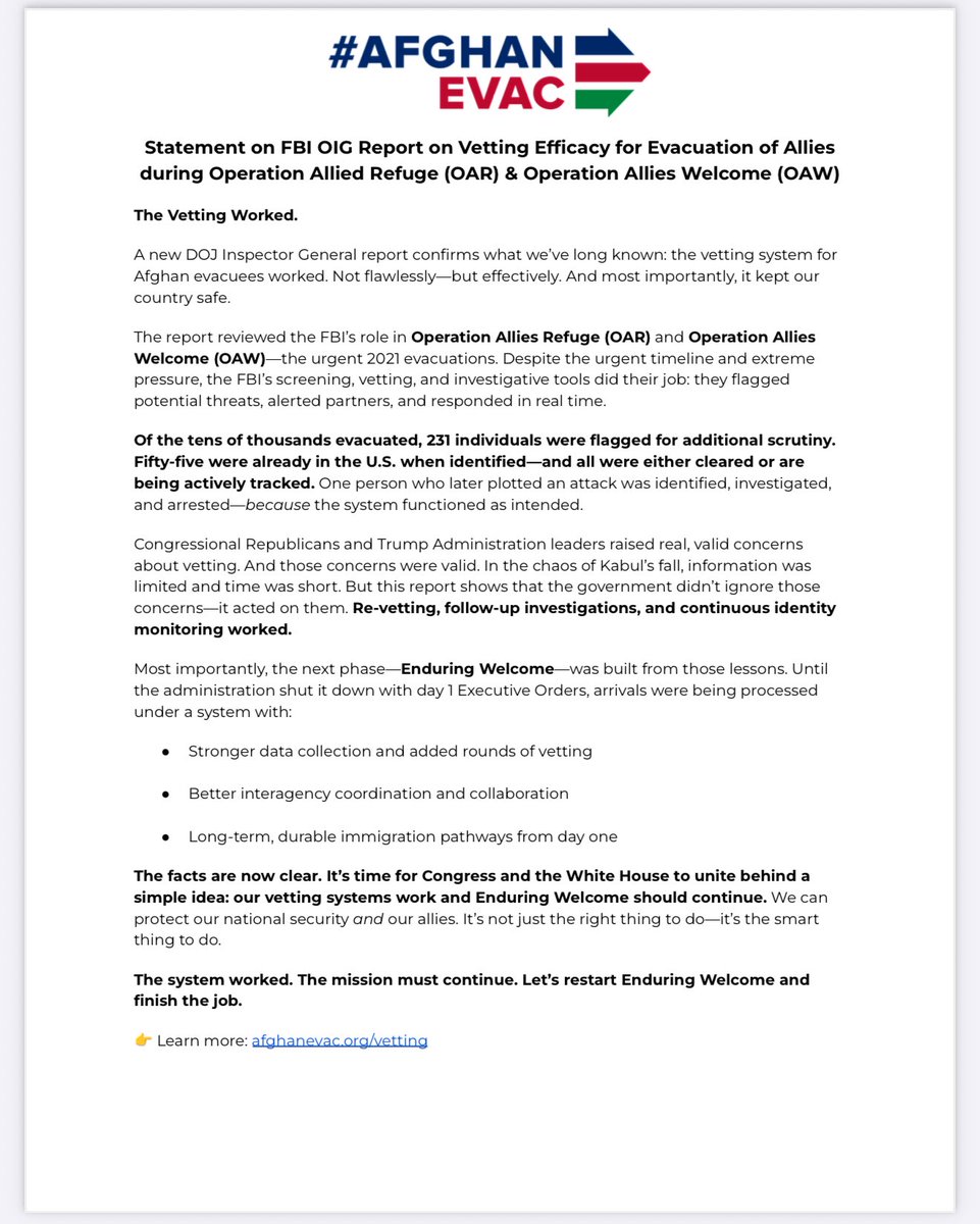 Shawn VanDiver (@shawnjvandiver) on Twitter photo The <a href="/FBI/">FBI</a>’s own watchdog confirms it:
âś… The vetting worked
âś… Threats were caught
âś… Gaps were closed
#EnduringWelcome was built on those lessons.
It’s time to unite around facts, not fear.
Let’s finish the mission.
🔗 oig.justice.gov/sites/default/…
🔗 afghanevac.org/vetting The <a href="/FBI/">FBI</a>’s own watchdog confirms it:
âś… The vetting worked
âś… Threats were caught
âś… Gaps were closed
#EnduringWelcome was built on those lessons.
It’s time to unite around facts, not fear.
Let’s finish the mission.
🔗 oig.justice.gov/sites/default/…
đź”— afghanevac.org/vetting