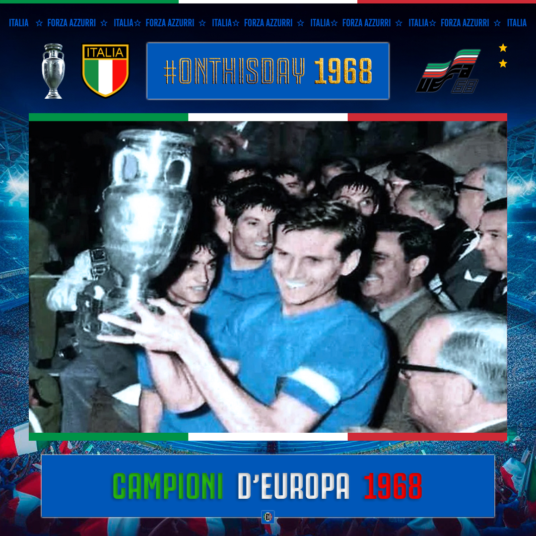 aboutjclub_'s tweet image. #OnThisDay 1968 🇮🇹  All'"Olimpico" di Roma, l'#Italia di #Valcareggi vince 2-0 (Riva e Anastasi) vs la Jugoslavia nella rip. della Finale di #EURO68 (1-1, Domenghini) ed è Campione d'Europa per la 1ª volta. 🏆⭐🇮🇹💙  #CampioniDEuropa #VivoAzzurro #ForzaAzzurri #NazionaleItaliana