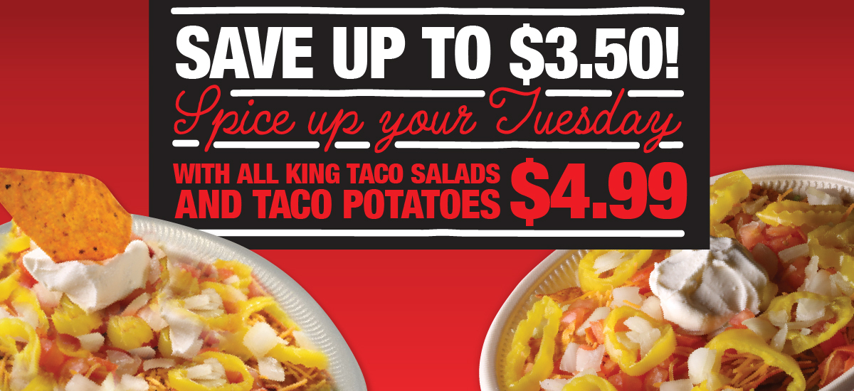 Spice up today and every Tuesday with a #33 Taco Potato or King Taco Salad for only $4.99, which is up to $3.50 off the normal menu price. No coupon required. Enjoy!

orders.hungryhobo.com/locations/the-…