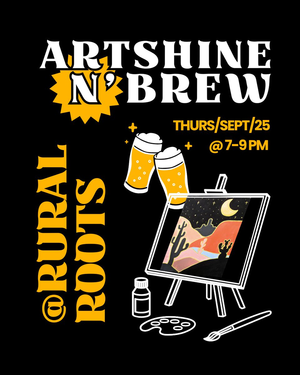 Unleash your creativity at Rural Roots Brewing Company with your first drink on us! 🍺

Whether you’re a seasoned artist or just looking to explore a new hobby, our Artshine N’ Brew events offer a laid back atmosphere with expert guidance 🎨

Get those creative gears turning and