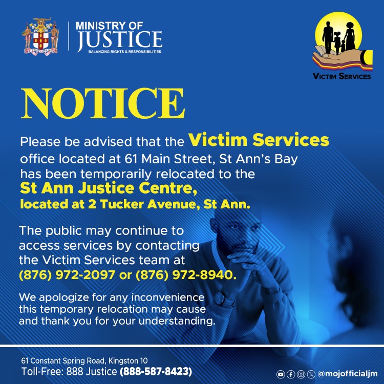 mojofficialjm's tweet image. ANNOUNCEMENT🔊🔊🔊

The Victim Services office located at 61 Main Street in St Ann's Bay has been temporarily relocated.

We apologize for any inconvenience caused.

#Accesstojustice #Firstclassjusticesystem
