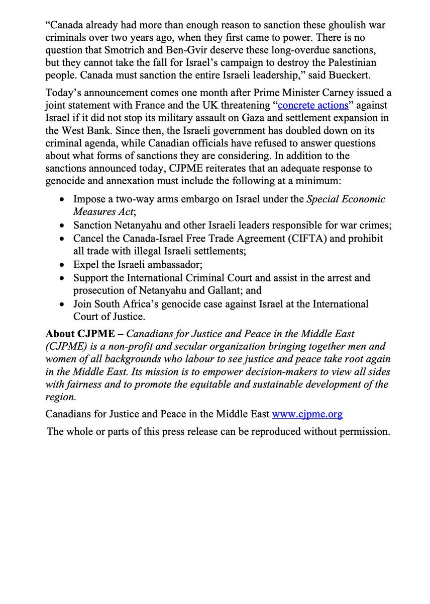 CJPME welcomes Canada’s targeted sanctions against far-right Israeli ministers Itamar Ben-Gvir and Bezalel Smotrich, which were announced today in a joint statement with the UK, Australia, New Zealand and Norway. 

However, CJPME urges Canada not to focus on a few extremist