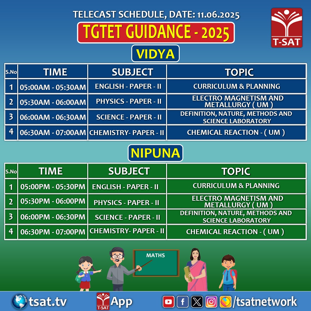 🎯TGTET Guidance - 2025 on T-SAT, dated 11.06.2025: T-SAT Telecast Schedule