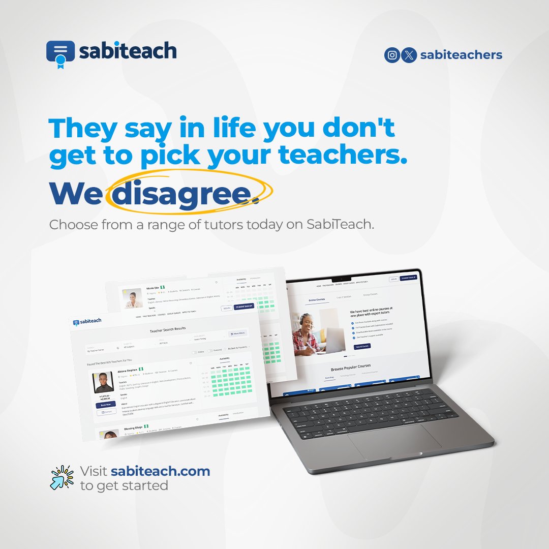 On Sabiteach, we have a broad range of tutors, highly trained and qualified, ready to help elevate your personal and career development to the next level.
Visit sabiteach.com today to get started.
#onlineclasses
#sabiteach
#onlineteacher
#teachersinnigeria
