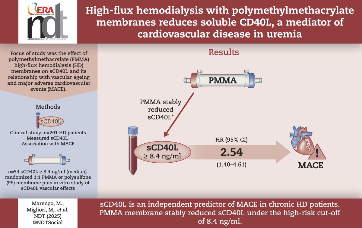 High-flux hemodialysis with polymethylmethacrylate membranes reduces soluble CD40L, a mediator of cardiovascular disease in uremia

🔓doi.org/10.1093/ndt/gf…