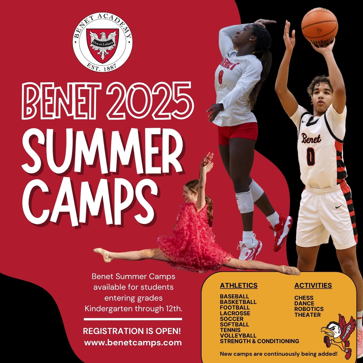 Interested in signing up for a Benet Summer Camp? ☀

It's officially summer and we're offering a variety of athletic camps and activities for all ages.

Click on the link to register:
gobound.com/il/schools/ben…