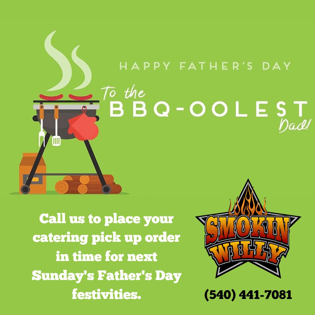 Less than one week left until Father's Day! Nothing says ''Happy Father's Day'' like BBQ! Give us a call and place your catering order for your big family gathering for Dad!
(540) 441-7081